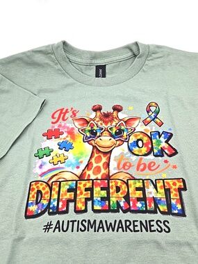 Autism Awareness T-shirt Youth Size Medium Unisex It's okay to Be Different Sage